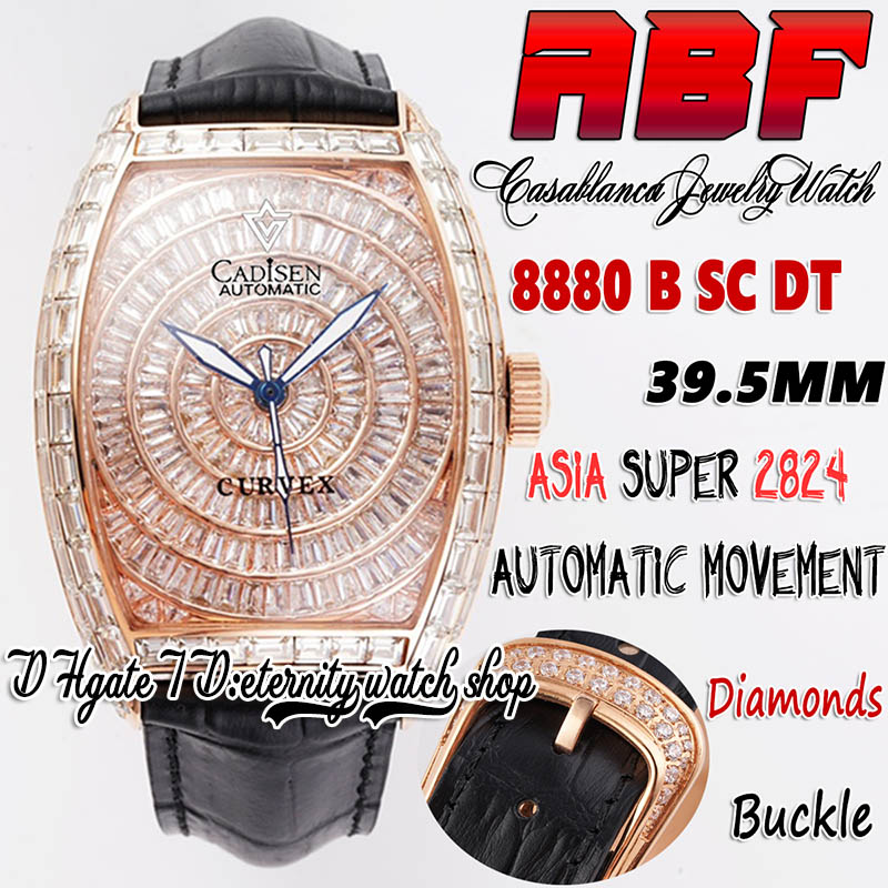 

ABF Cintree Curvex ab8880 C D ETA A2824 Automatic Mens Watch Baguette Paved Diamonds Rose Gold Case Iced Out Diamond Dial Leather Strap Super Edition eternity Watches, Watch waterproof production cost