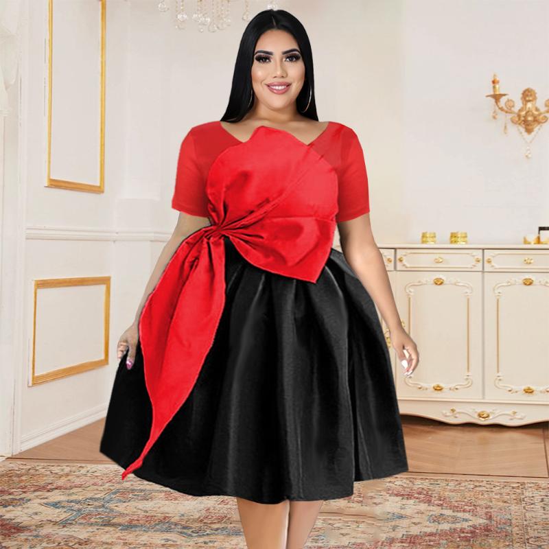 

Casual Dresses Big Bow Shiny Black Red Patchwork Ball Gowns Dress Short Sleeve O Neck Loose A Line Christmas Evening Party, Red dress