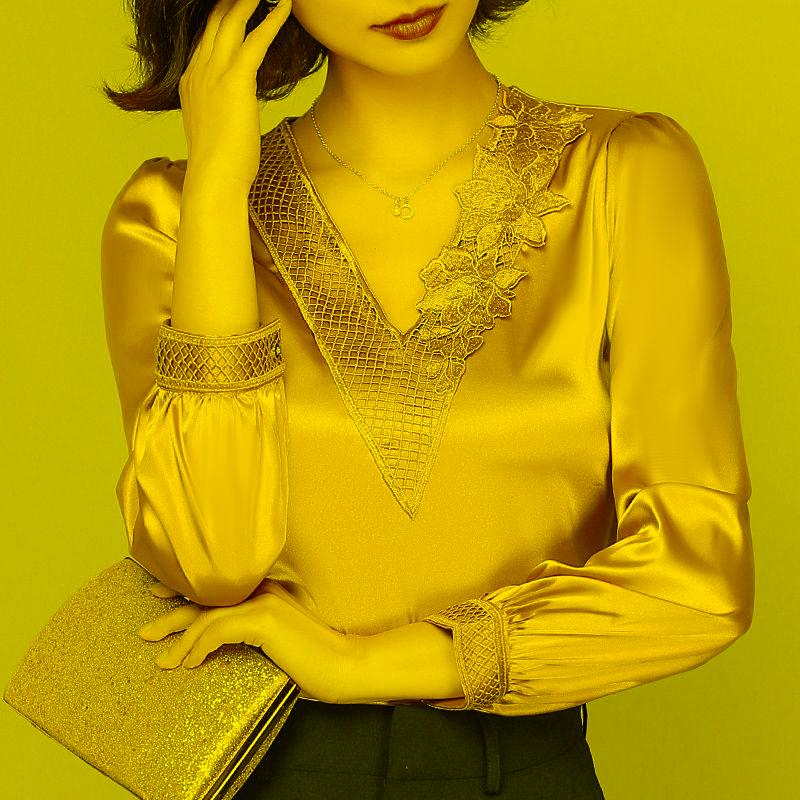 

Women's Blouses & Shirts Blouse Women Fall Wear Long Sleeves Women's V-neck Top Stitching Lace Blusas Mujer De ModaWomen's, Blue