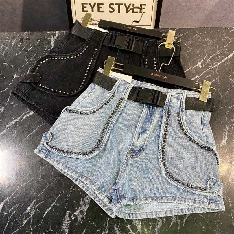 

DEAT Spring Summer Fashion Sexy Sashes Metal Rivet Edge Design Belt Denim Shorts Women SB137 210709, Blue