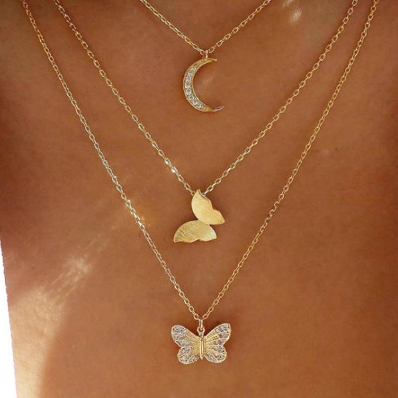 

Chains Butterfly Moon Necklace For Women Pendant Bohemian Jewelry Cadenas Mujer Gold Layered Necklaces Teen GirlsChains