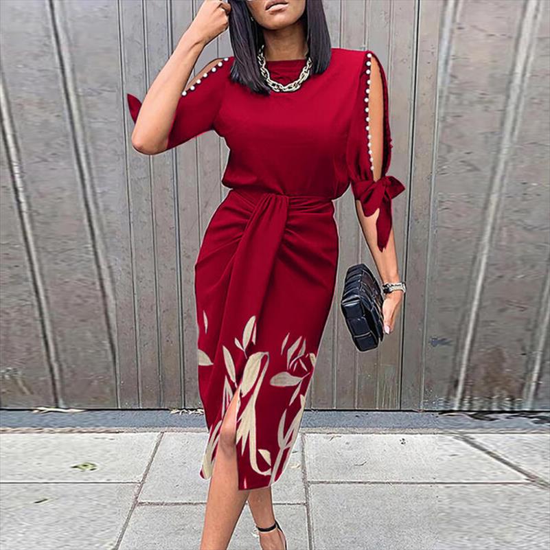 

Vintage Print Elegant Women Folds Slim Dress Casual Hollow Out Patchwork Half Sleeve Female Summer Round Neck Party, 01 navy blue print