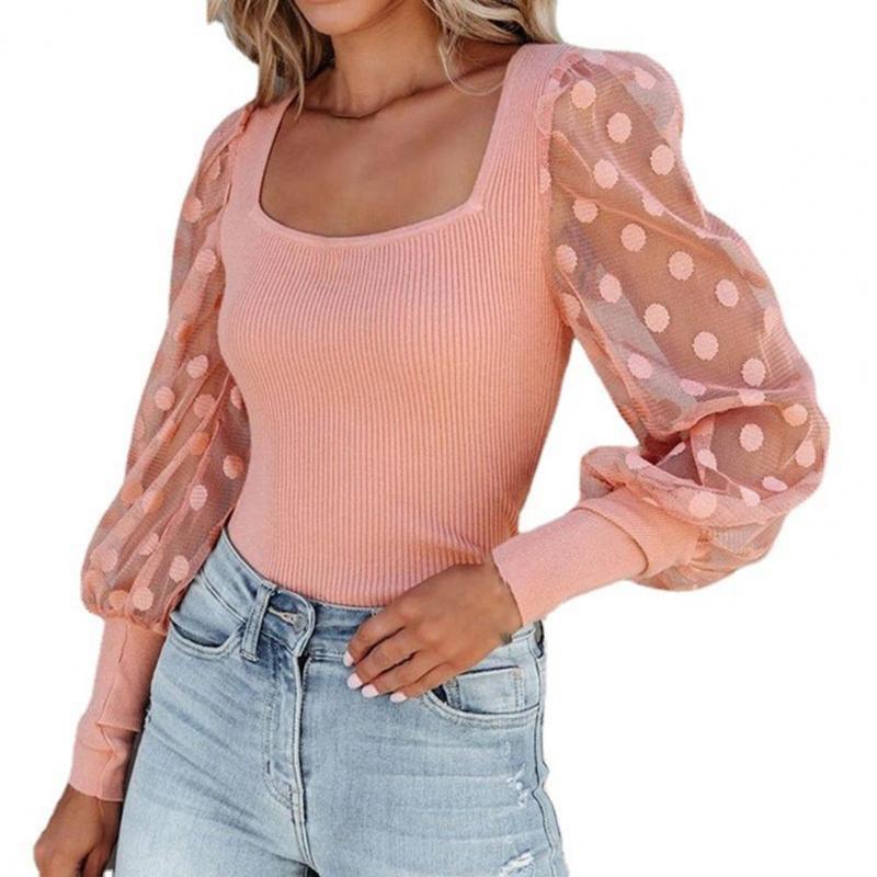 

Women' Blouses & Shirts Ribbed Stretchy Soft Texture Shirt Top Women Square Collar Dot Print Puff Sleeve Blouse For Spring Fall Black Xxl, Pink