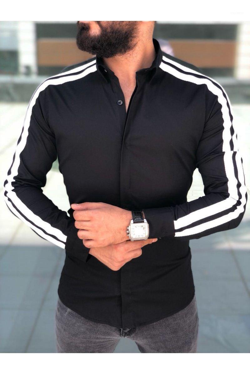 

Luxury Men Shirts Dress Sleeve Turn-Down-Collar Slim-Fit Smart Casual Tops Side-Stripe Men's, D71-white