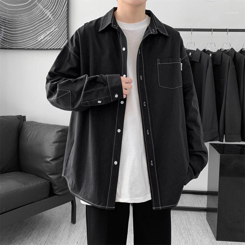 

Men's Casual Shirts Wildyak Pure Cotton Overalls Long Sleeve Fashion Loose Blouses Solid Color Harajuku Male Cardigan Streetwear Coats, Black