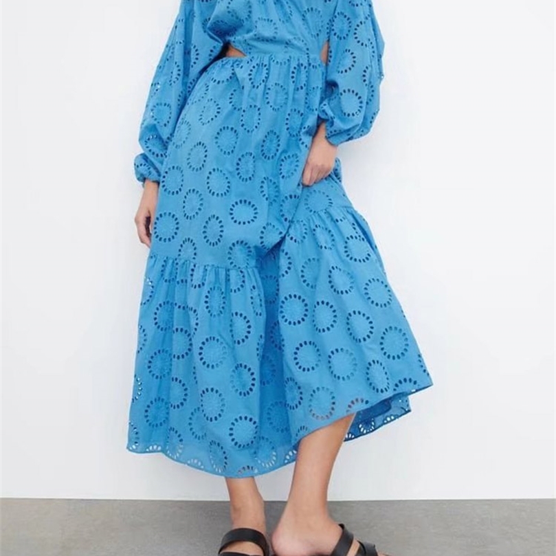

Kumsvag Summer Women Vintage MIDI Dress Solid Hollow Out Embroidery ONeck Female Elegant Loose Party Dresses Vestidos 220704