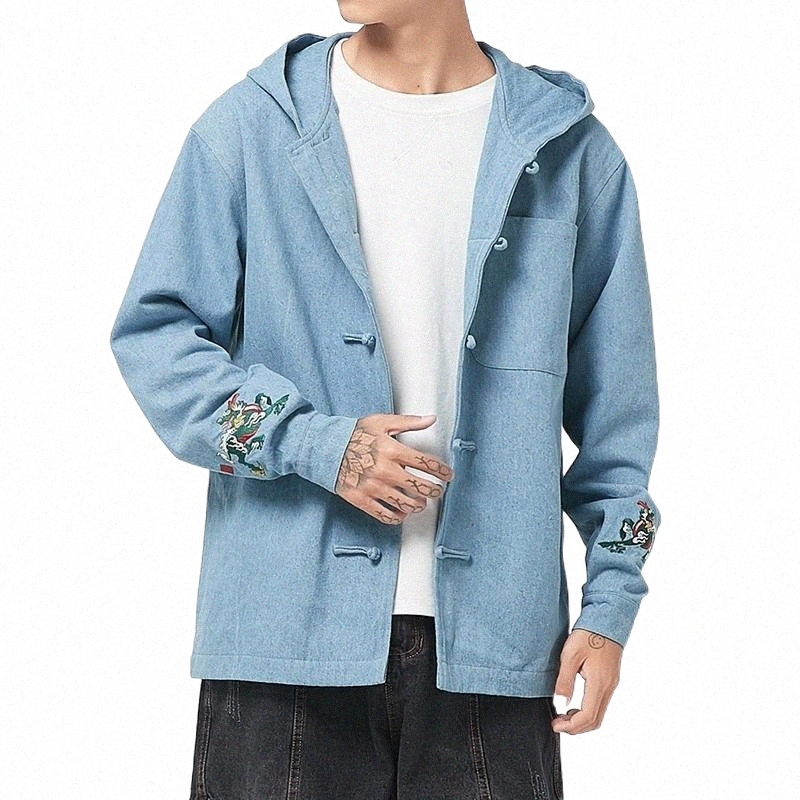 

men's Jackets 2021 Men Autumn Traditional Chinese Style Tang Suit Embroidery Hanfu Hooded Tai Chi Buckle Coats I2BF#, Black