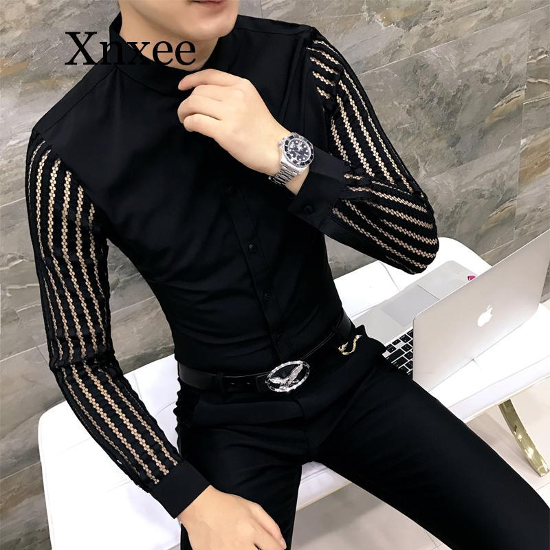 

Men' Dress Shirts Spring Autumn Men Lace Perspective Shirt Party Prom Hollow Long Sleeve Tuxedo Trend Slim Nightclub Casual Social ShirtMen, White