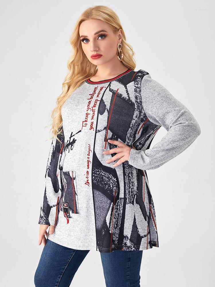 

Women's Plus Size T-Shirt 2022 Spring Womens Loose Round Neck Printed Tops And Blouses Fashion Ladies Long Sleeve Casual Shirts Jasp22, Gray