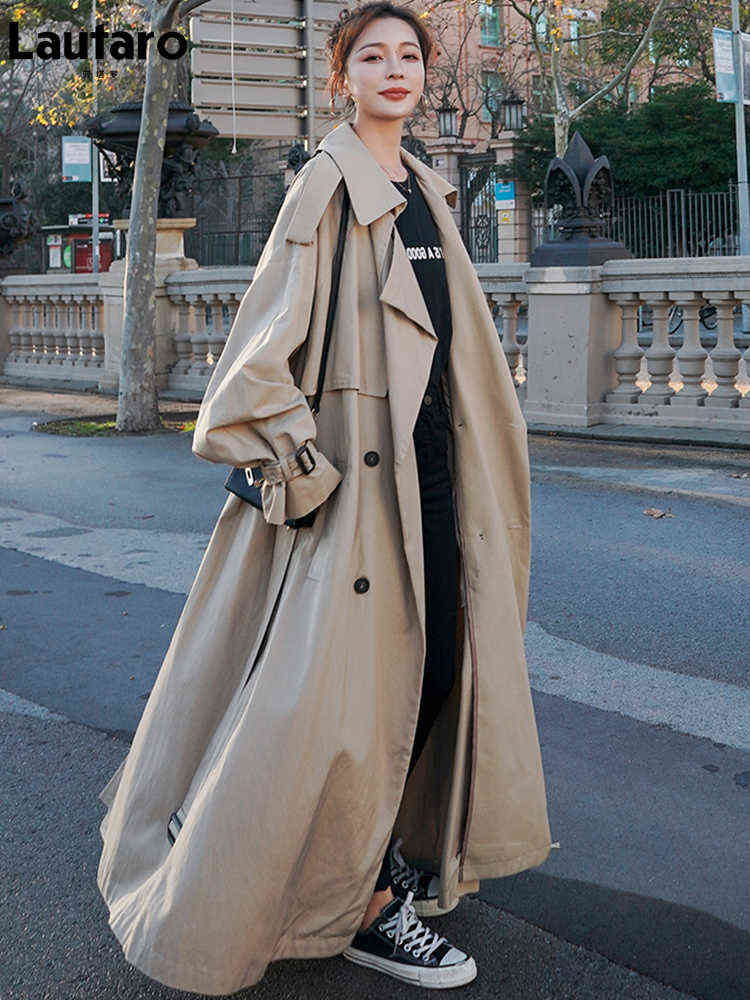 

Lautaro Spring Autumn Extra Long Flowy Oversized Casual Trench Coat For Women Belt Double Breasted Loose Korean Fashion 2022 J220727, Grey
