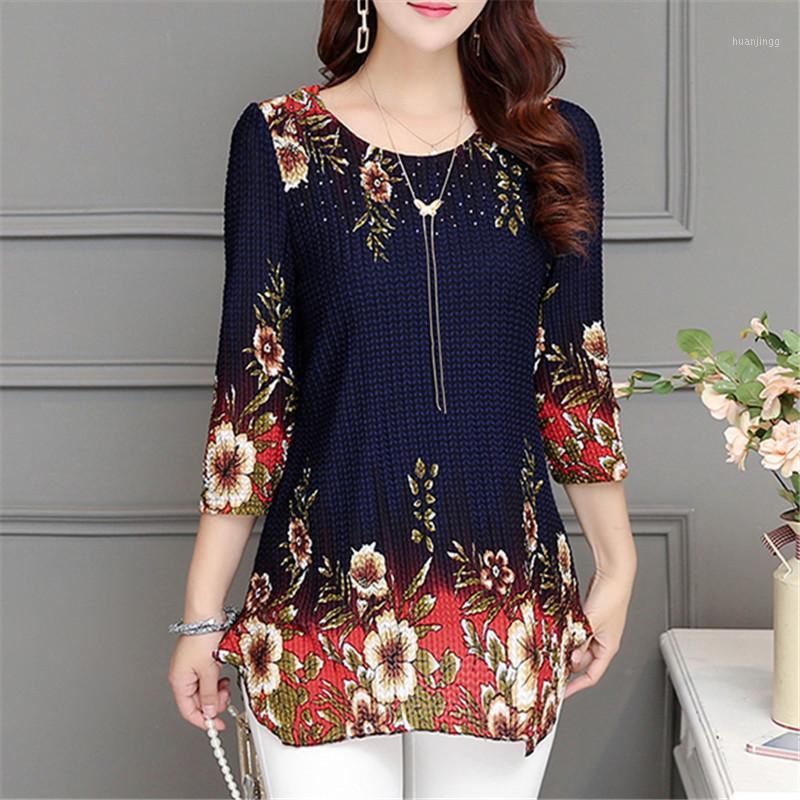 

Women's Blouses & Shirts 2022 Fashion Summer Women Tops And Long Sleeve O Neck Print Casual Female Clothing Chiffon Plus Size Blusas, Blue