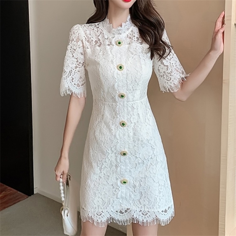 

Summer White Dress Vintage Women Diamonds Single Breasted Embroidery Short Sleeve Office OL Bodycon Mini 210526, Photo color