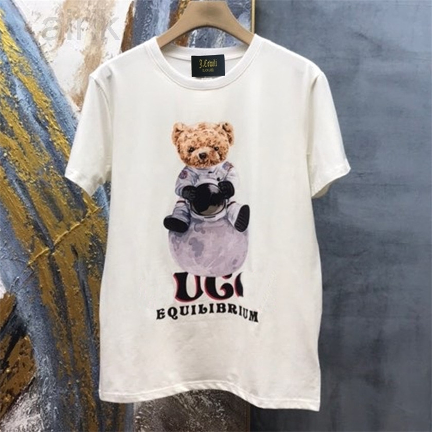 

Women's Tops Tees summer explosion summer trendy men's and women's clothing Juskoli new astronaut bear letter printed round neck Casual Short, White