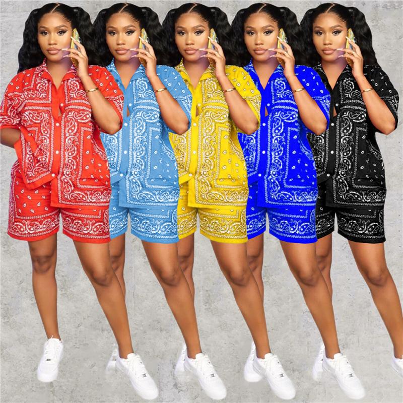 

Women' Tracksuits H.Aic  Women Set Lady Short Pants Retro Party Paisley Bandana Print Two Piece Sets Casual Female Sweatsuits For WomenWom, Red