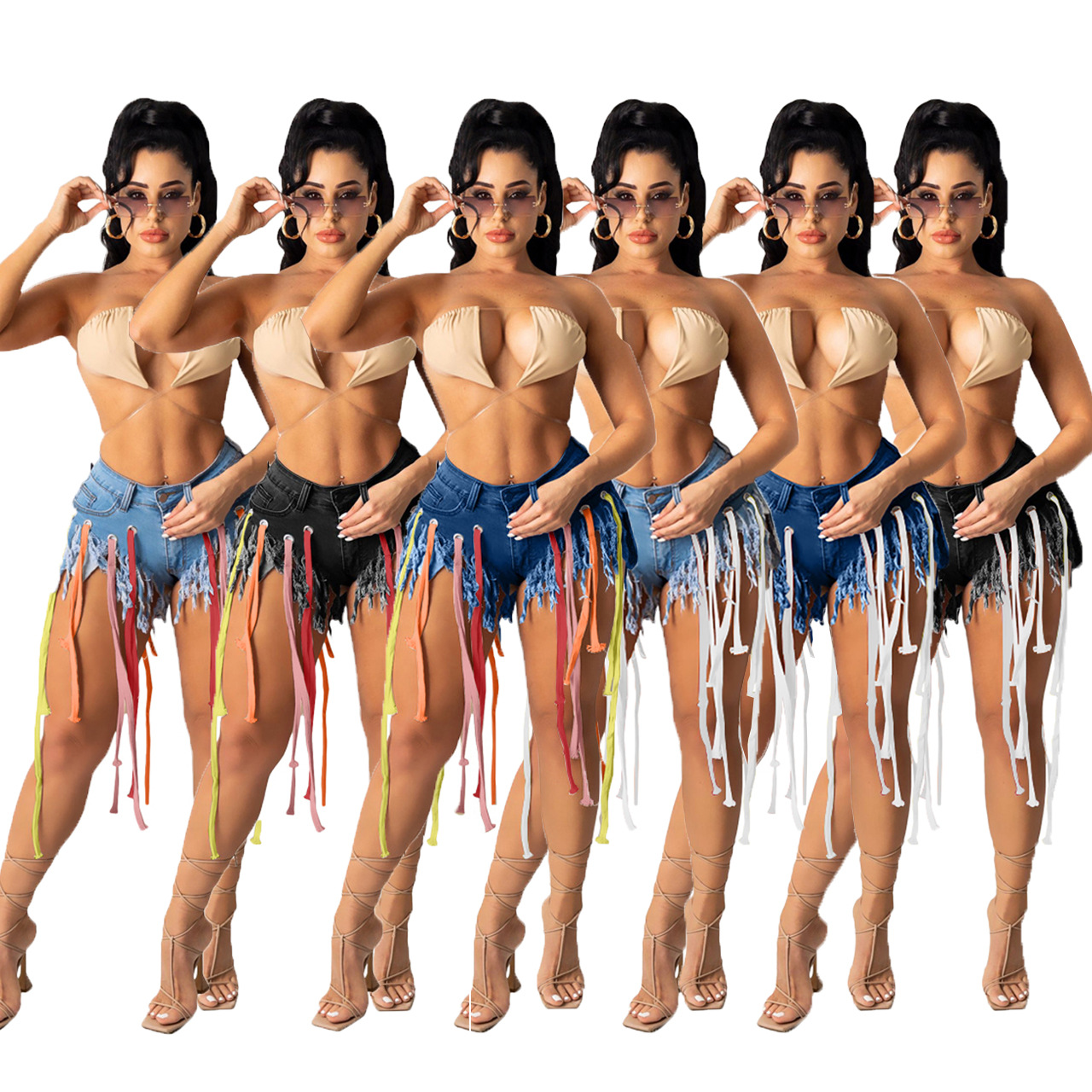 

Summer Womens Oversize Vintage Denim Pants Tassel Elastic High Waist Raw Hem Fringe Trim Fashion Denim Mini Shorts, Black and white