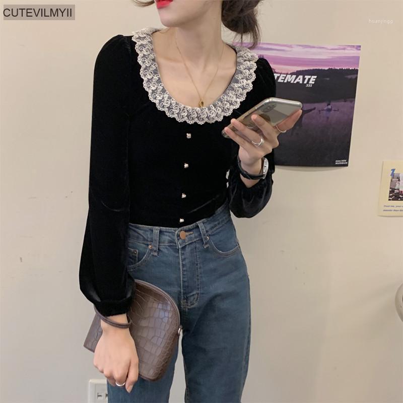 

Women' Blouses & Shirts 2022 Single Breasted Chic Fashion Versatile Casual Long Sleeve Retro Lace O-Neck French Velvet Design, Black