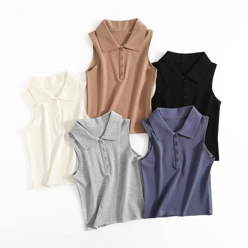 

Women' Tanks & Camis Vintage Turn-down Collar Tank Top Women Summer White Crop Tops For Fashion Button Up Sexy Shirt Sleeveless, Black
