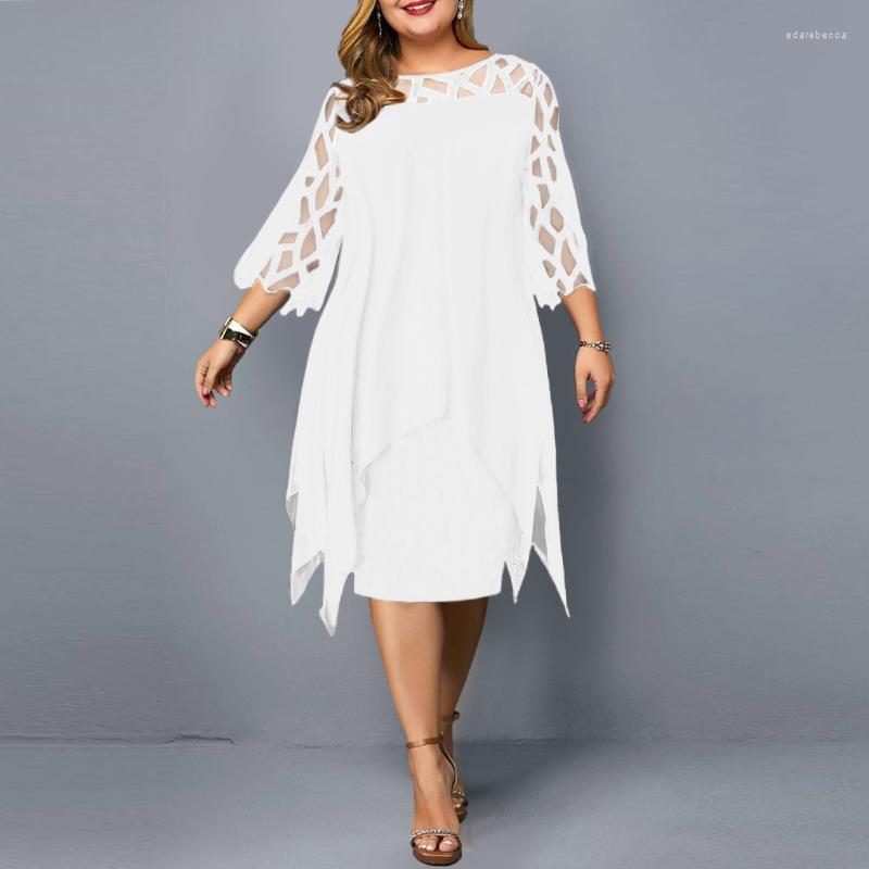 

Plus Size Dresses Lace Sleeve Dress For Women 2022 Elegant Mesh Patchwork Casual Midi Spring White Round Neck Party 5XL 6XL Edar22, Black