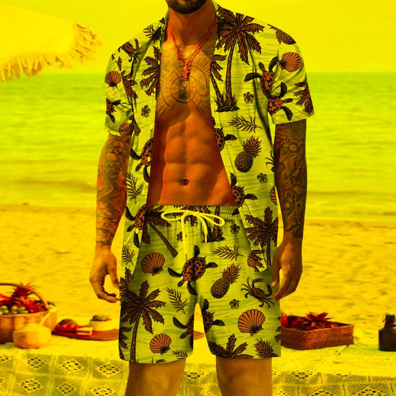 

Men' Tracksuits Sky Mens Suit Costume Spring Summer Casual Beach Buttoned Short Sleeve Shirt Printed Shorts SetMen, Purple