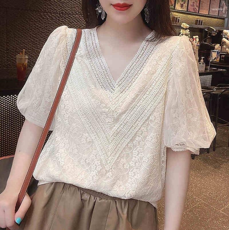 

Women's Blouses & Shirts Neck Beige Pullover Puff Sleeve Shirt 2022 Summer Women Y2k Top Blusas MujerWomen's Vere22, Creamy-white