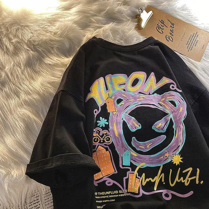 

ShortSleeved tShirt Female Graffiti Print Ins Port Style Summer Casual Harajuku Style Oversized Loose Y2K tShirt Trendy Women 220615