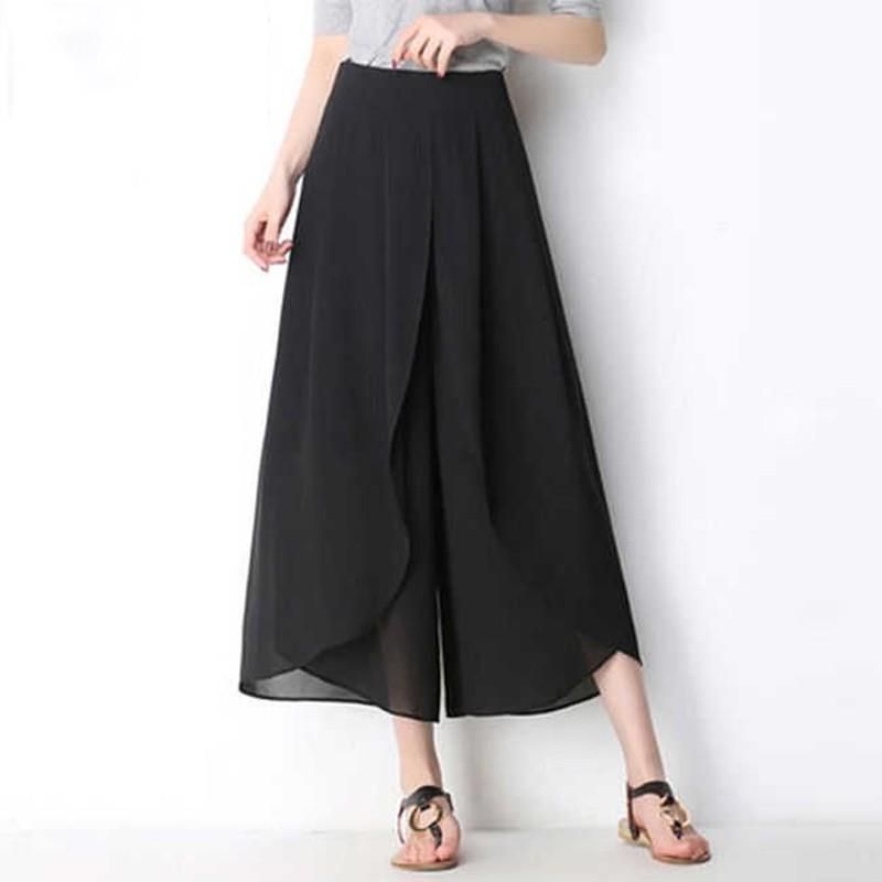 

Skirts Summer Thin Chiffon Mesh Skirt Large Size Female Small Eight-point Hakama Fake Two-piece Outer Wear Casual Slimming PantsSkirts, Black