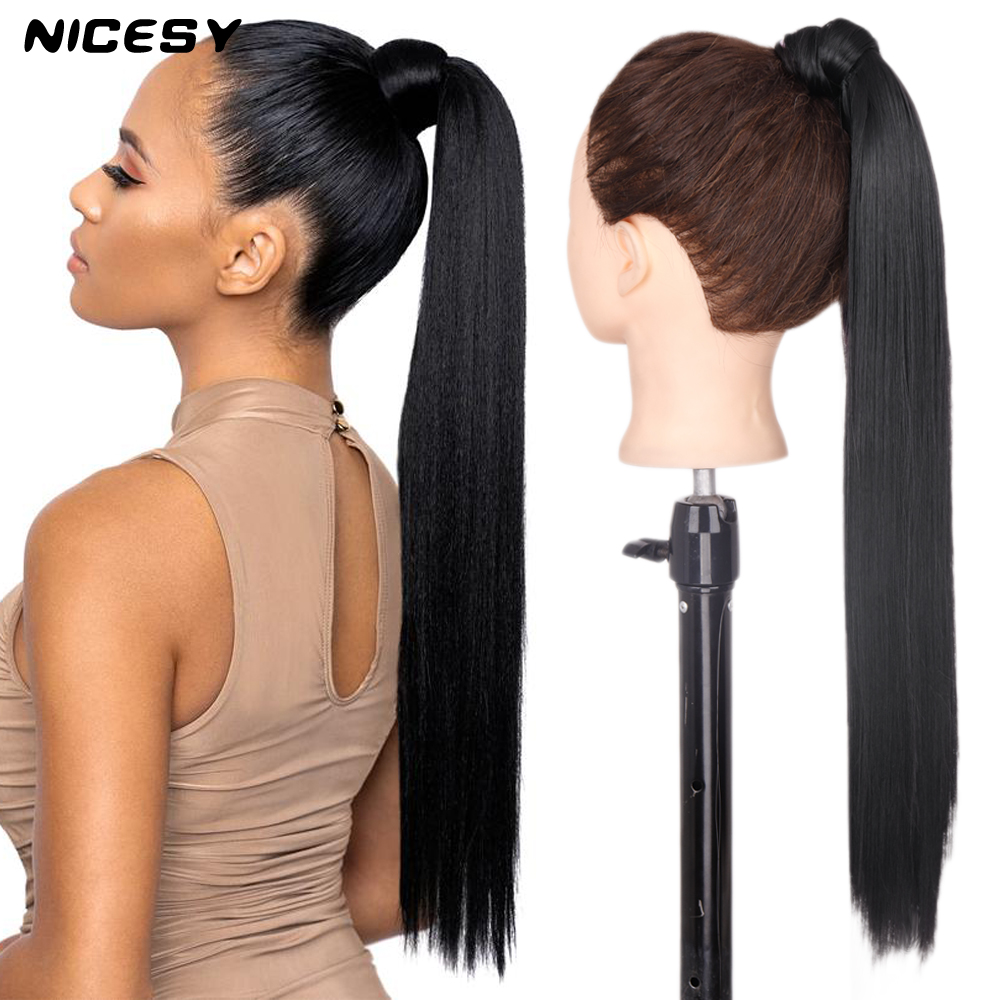 Costume Accessories Synthetic Black Long Straight Ponytail Hair Extensions Heat Resistant Hair 22Inch Wrap Around Pony Hairpiece-image-773031378