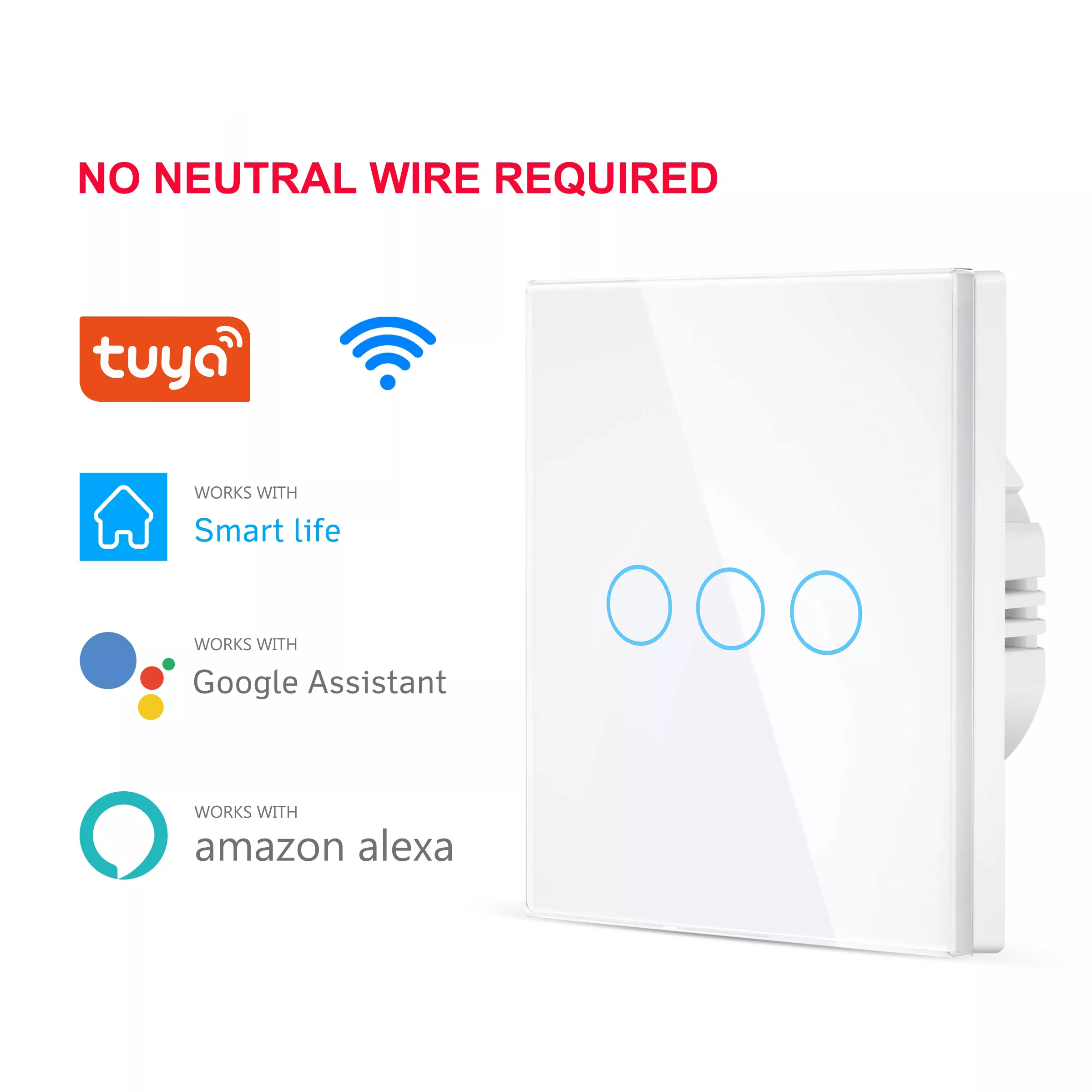 

Wall Touch Switch Wifi No Neutral Wire Required Light 1 2 3 Gang 100 - 240V Tuya Smart Home Support Alexa Google Home