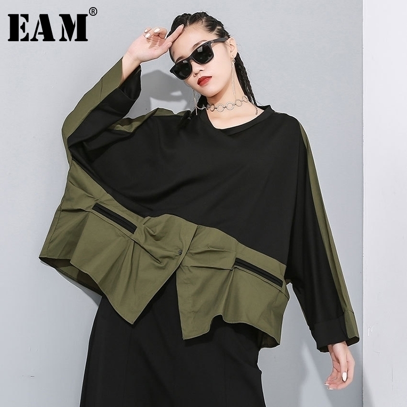 

EAM Women Green Contrast Color Big Size Asymmetrical Tshirt Round Neck Long Sleeve Fashion Spring Autumn 1N19 Y200412, White
