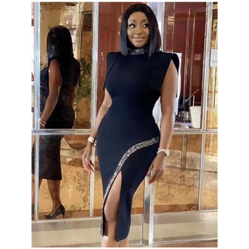 

Casual Dresses Est Women Winter Sexy Turtleneck Beading Split Midi Black Bodycon Bandage Dress 2022 Elegant Evening Party Vestidos
