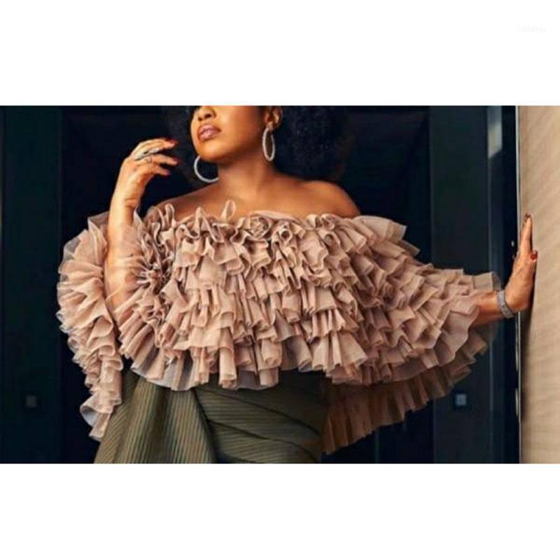 

Women's Blouses & Shirts Ropa De Mujer Tulle Tiered Top Shirt Ruched Off Shoulder Khaki Blouse Fashion Women Tops Custom Made, White