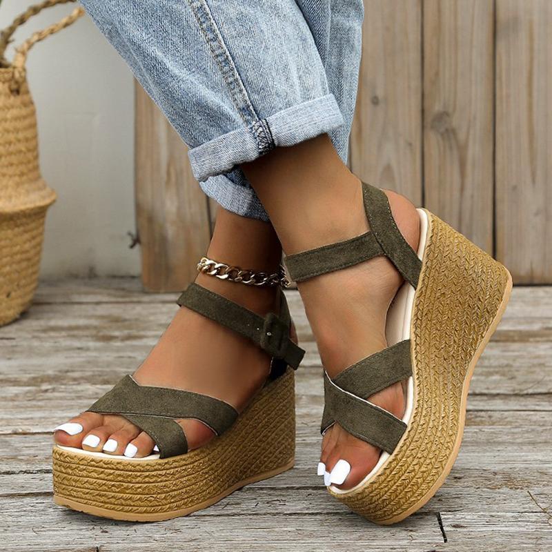 

Sandals Casual Summer Rubber Sole Buckle Non-slip Peep Toe Platform Shoes Fashion Wedge For Women Elegant Heels WomenSandals, Khaki