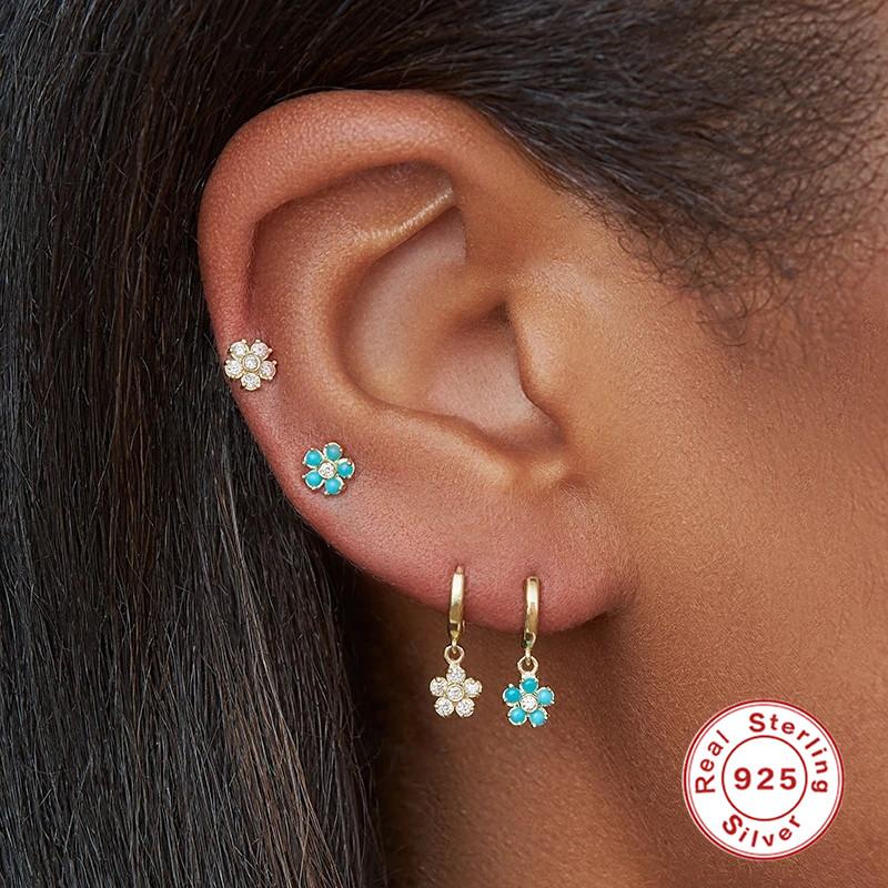 

Hoop & Huggie 925 Sterling Silver Snowflake Turquoise Earrings For Women Light Luxury Driping Oil Huggies Fashion JewelryHoop