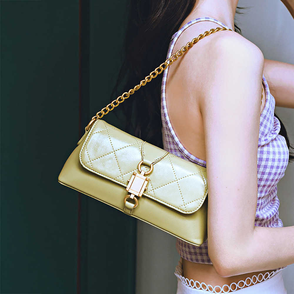 

happy_buy_bag 2022New women's single shoulder diagonal span bag Lingge chain bag method stick bag portable Pu saddle armpit Mini Pochette, Green