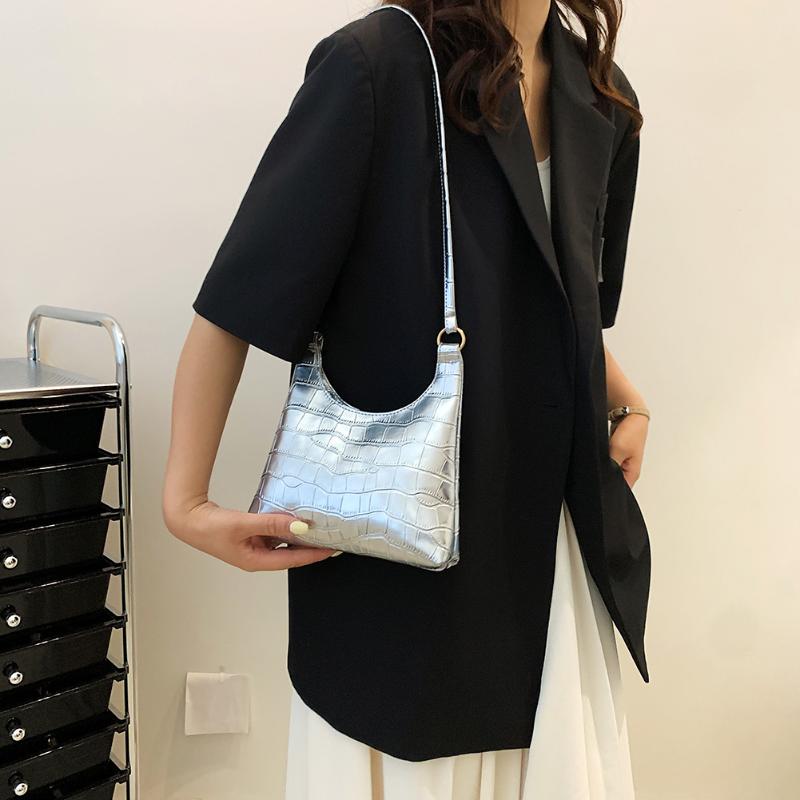 

Evening Bags Fashion Alligator Pattern PU Leather Handbags Women Ladies Solid Shoulder Armpit Casual Clutch Tote Purse Designer HandbagsEven, Silver