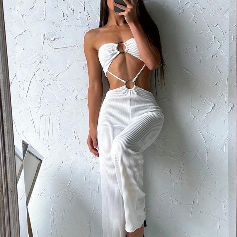 

WannaThis Women 2 Pieces Set Holiday Sexy Hollow Out Strapless Top Matching Flare Pants Circle Knit Streetwear Female Suit 220607, Orange