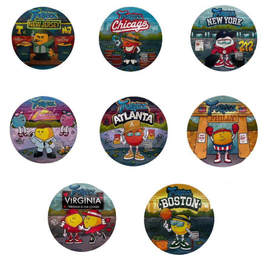 

Special shaped round Trufflez Bags Packing Mylar Bags 3.5 Gram Stand Up Pouch Edibles Baggies Purple Truffle Armygreen Treats Green Pie Blue