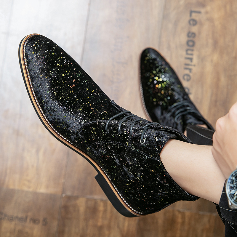 

Lace-up martin boots men shoes faux suede solid color ankle classic pointed toe daily professional fashion sequins simple gentleman British style, Clear