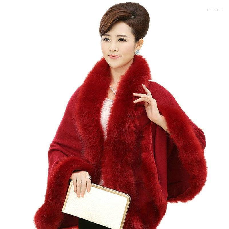 

Women's Knits & Tees Autumn Winter Cashmere Poncho Women Sweaters High Quality Fake Fur Collar Wool Capes Knitted Cardigan Sweater Coat Perf, Black
