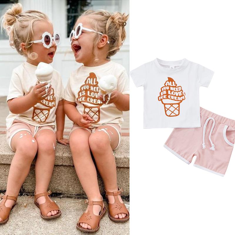 

Clothing Sets 2pcs Toddler Baby Girls Clothes 0-24M Ice Cream Printed Short Sleeve T Shirts Solid Elastic ShortsClothing, As pic
