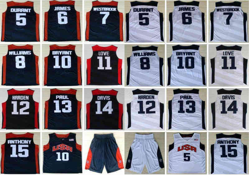 

Retro Basketball 2012 Team USA Jersey Kevin 5 Durant 6 James 12 Harden 10 Bryant Russell 7 Westbrook Chris 13 Paul Deron 8 Williams Anthony