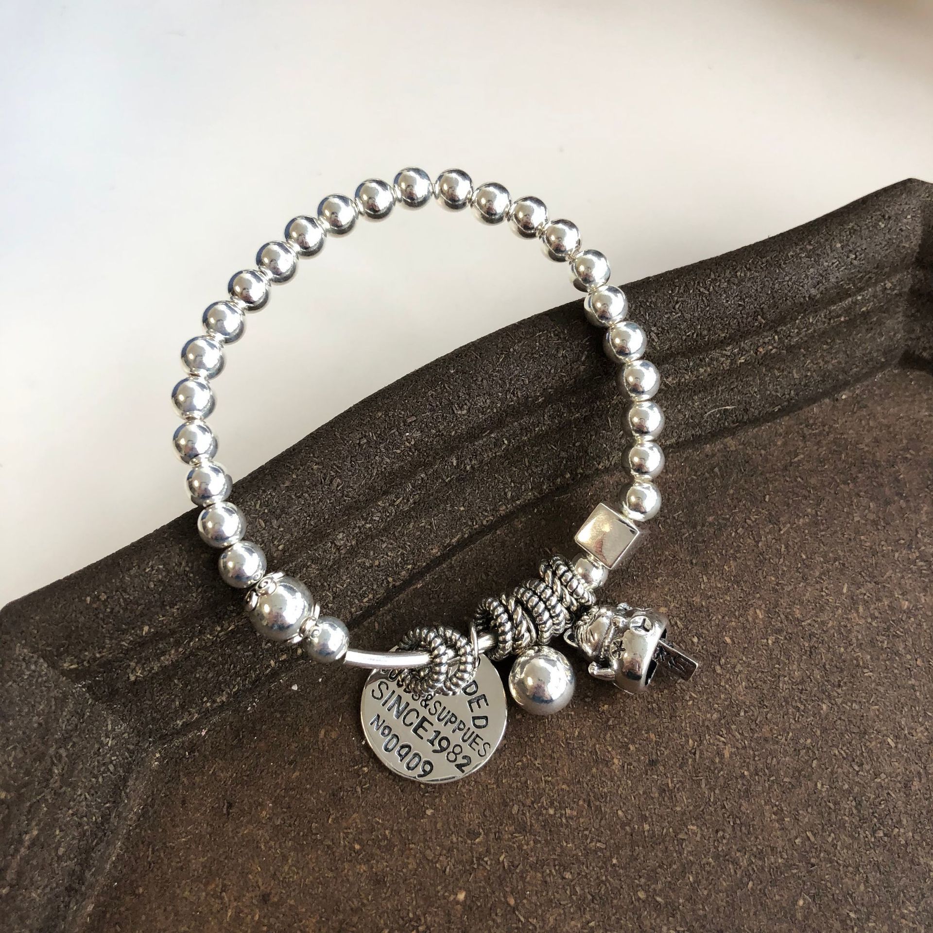 

925 Sterling Silver Cat Round Bracelet Hand Worn Elastic Rope Bead Versatile Heavy Industry Jewelry