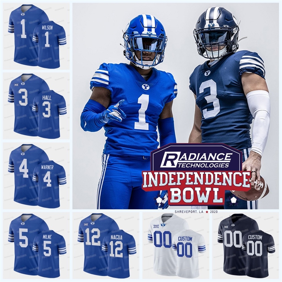 

MitNess NCAA College BYU Cougars Football Jerseys 2021 Independence Bowl Jaren Hall Zach Wilson Troy Warner Puka Nacua Baylor Romney Dax Milne, Men(with patch)