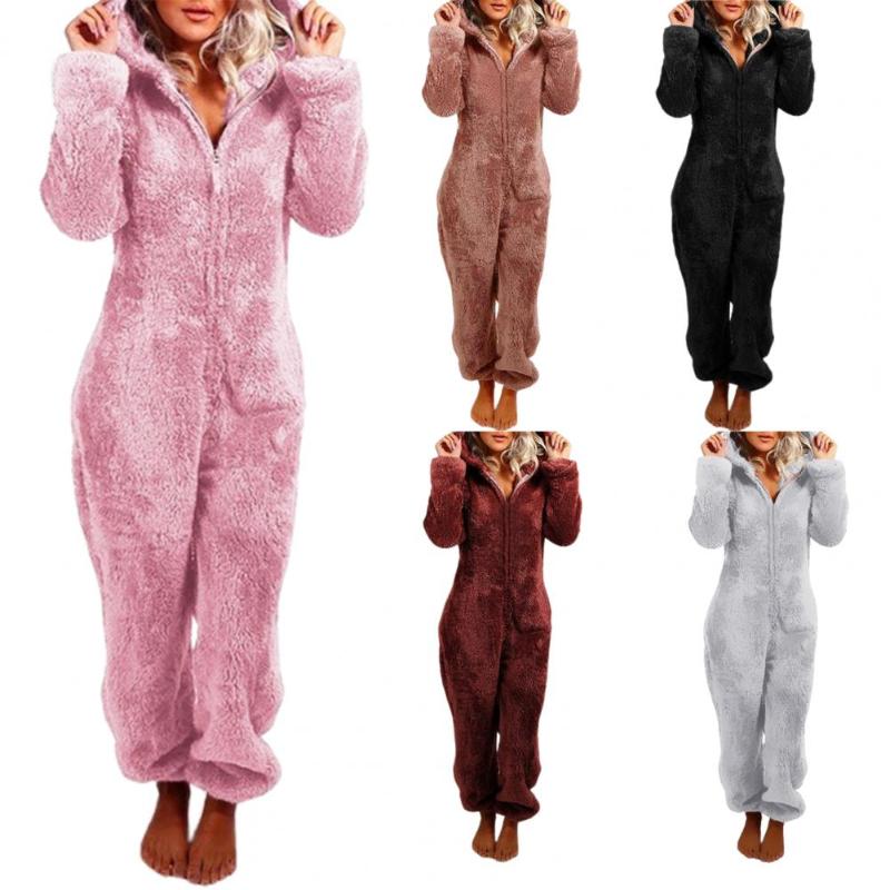 

Women's Jumpsuits & Rompers Winter Warm Pyjamas Women Onesies Fluffy Fleece Sleepwear Overall Hood Sets Pajamas For Adult, Black