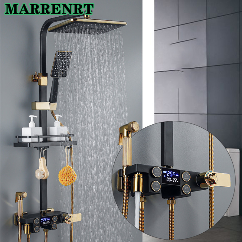 

Thermostatic Digital Black Gold Shower Faucets In-wall Rainfall Bathroom Shower Systems High Quality Bathroom Shower Set