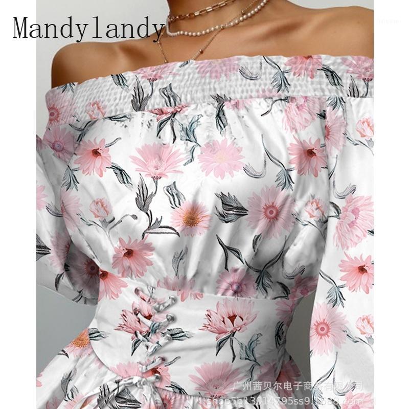 

Women' Blouses & Shirts Mandylandy Summer Lantern Sleeve Bandage Slim Fit Slash Neck Ruffle Stitching Shirt Casual Floral Print Blouse, White