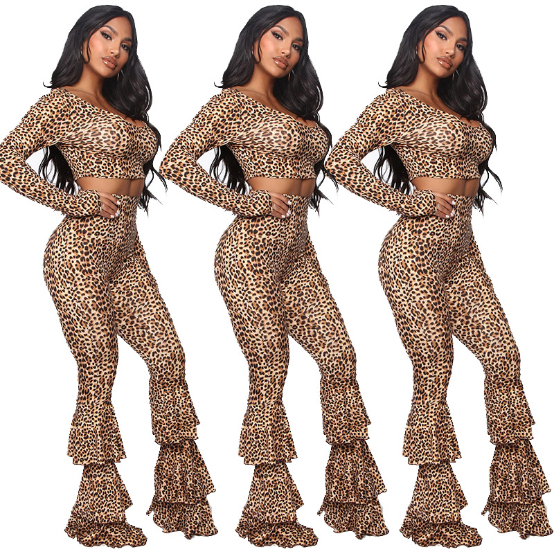 Women&#039;s Two Piece Pants Sexy Women Leopard Print 2022 Summer Shirt Slim Leg Suits Ladies Layered Bell Bottoms For Women Fashion Long Sleeve-image-762590597