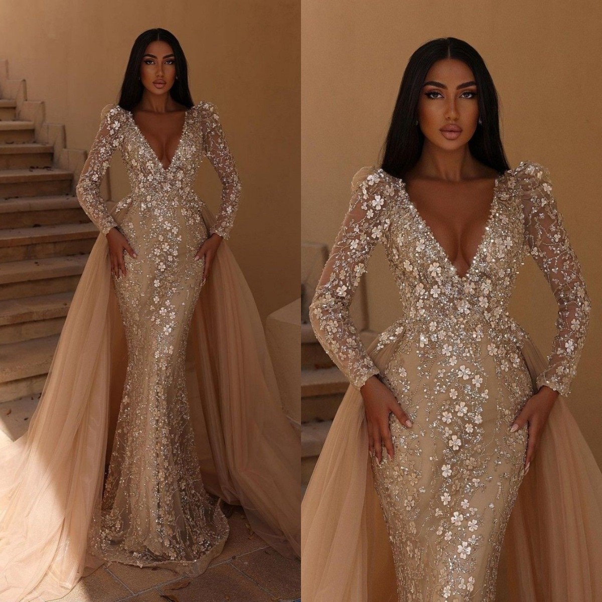 Illusion sirène robes de soirée pour femmes à manches longues col en V tenues de fête avec train détachable fleurs dames robe de bal