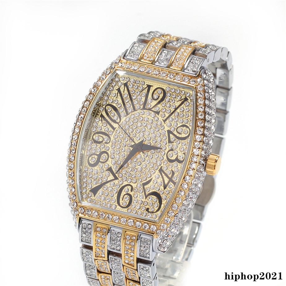 

Full Diamond Iced Out Wristwatch New Fashion Hip Hop Punk Gold Silver Mens Watch Calendar Quartz Women Large tonneau dial Watch Gi233b, Black