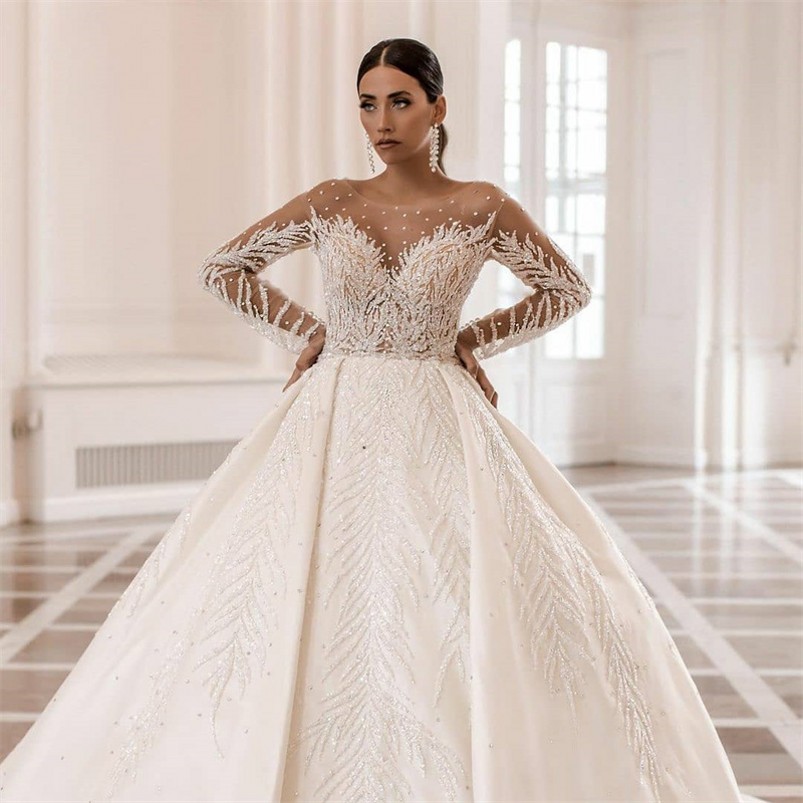 Luxurious 3D Appliques Beads Crystals Ball Gown Wedding Dresses Sheer Neck Illusion Backless Long Sleeve Wedding Bridal Gowns Vestido de Noiva